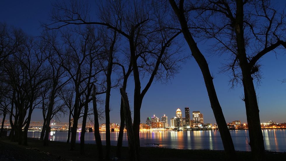 The Louisville skyline at night in March 2020.