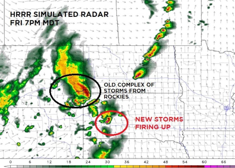 The HRRR model's simulated radar output for this evening in the Dakotas