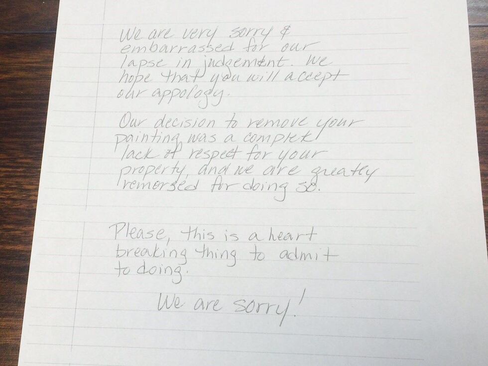 An apology letter was attached to the painting when it was returned. (Source: Judith Kennedy...