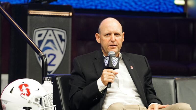 Stanford head coach Troy Taylor speaks at the NCAA college football Pac-12 media day Friday,...