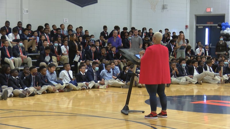 A record holding power lifter visited students at Grace James Academy and DuBois Academy to...
