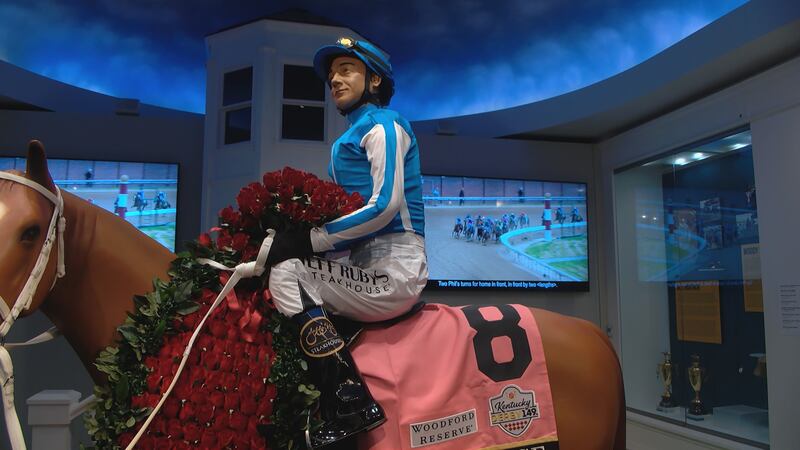 The Mage replica sits inside the Kentucky Derby Museum mounted by jockey Javier Castellano.