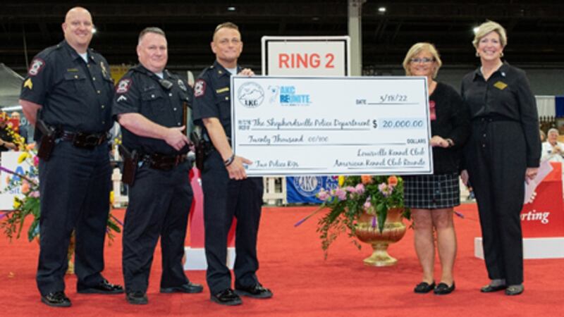 From left: Sergeant Burton, Officer Schank, Chief McCubbin, Tracy Pancost, Debbie Owen
