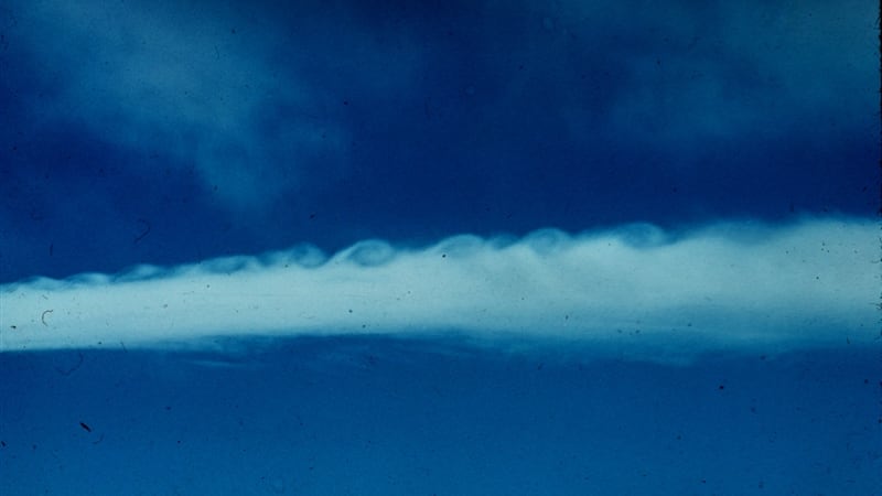 Clouds showing the appearance of breaking waves east of the continental divide in Colorado in...