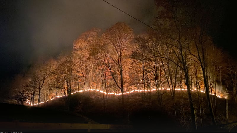 A forest fire burns in Perry County, Kentucky