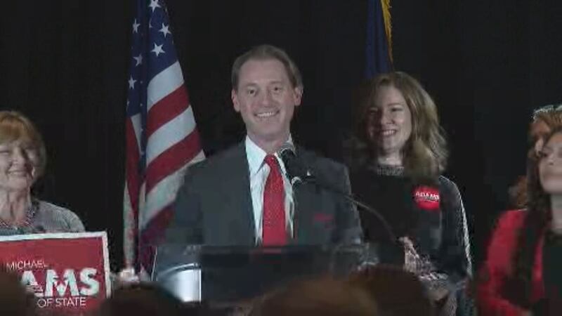 Secretary of State Michael Adams (R-Ky.) delivers his victory speech in Louisville, Ky. after...