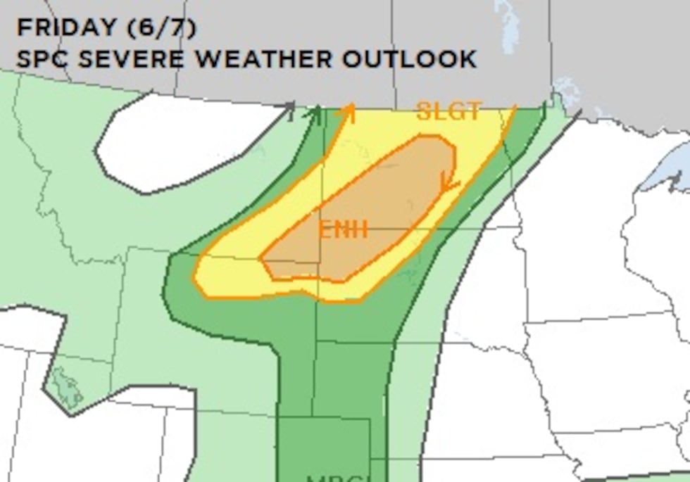 The Storm Prediction Center's severe weather outlook for the Dakotas on Friday
