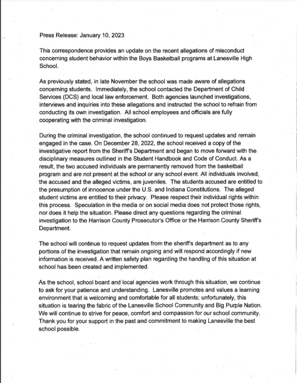 Statement signed by Interim Superintenden of Lanesville Community Schools Steve Morris
