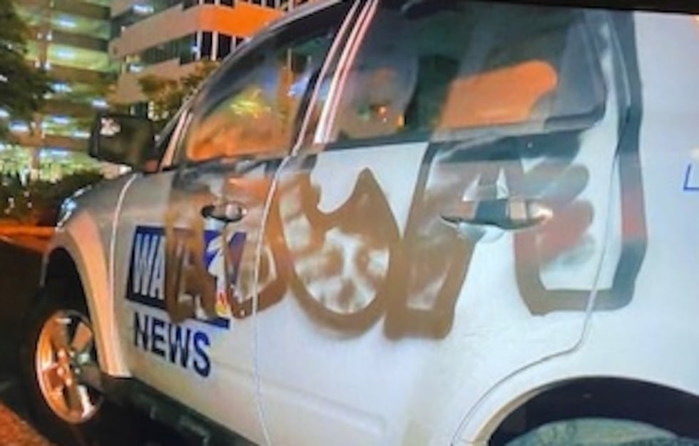 WAVE 3 News car vandalized in downtown Louisville during a protest for Breonna Taylor.