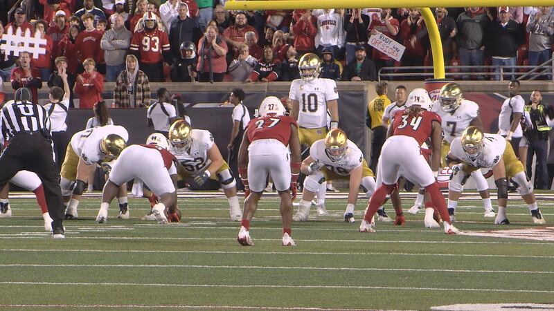 Devin Neal (27) picked off Notre Dame QB Sam Hartman twice in the second half of UofL's 33-20...