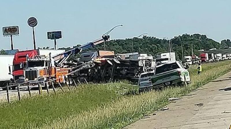 A dump truck overturned on I-65 Tuesday, causing several lanes to close. (Source: Jacob Anderson)