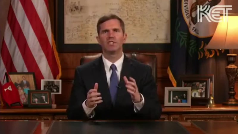 Beshear discussed hardships faced by the state, including tornadoes, flooding and COVID-19, as...
