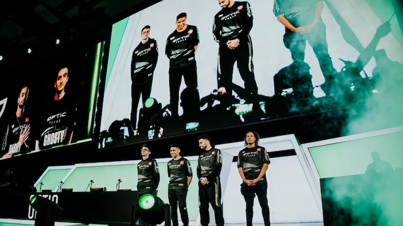 OpTic Texas stands on the CDL Mainstage. Team members from left to right are Daniel 'Ghosty'...