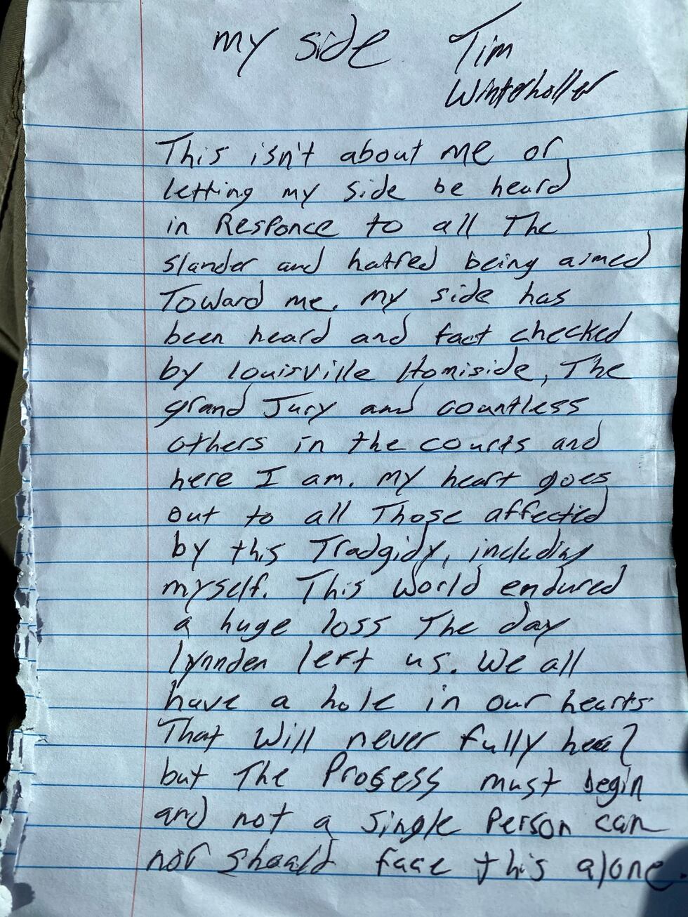 Tim Winterholler's letter: Page 1