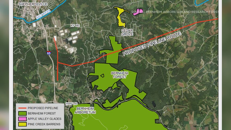 This map shows where the LG&E natural gas pipeline route would be in comparison to Bernheim's...