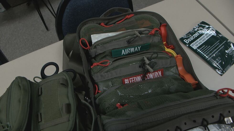 A backpack with the tactical medical gear carried by Louisville Metro Police Department officers.