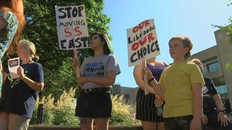 After the demonstration protesters went to Metro Hall to ask for more library funding....