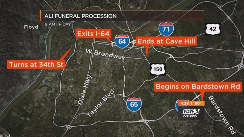 The Muhammad Ali funeral procession route. (Source: WAVE 3 News)