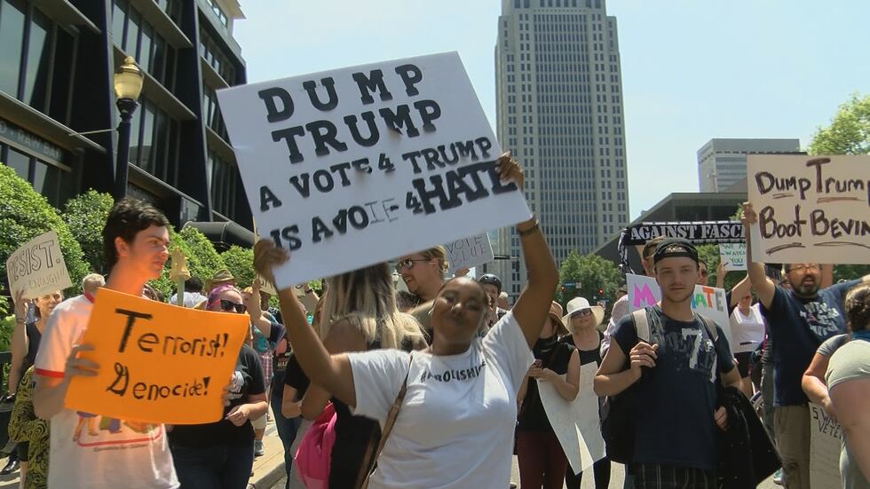Protesters were posted up outside the Seelbach in downtown Louisville during President Trump's...