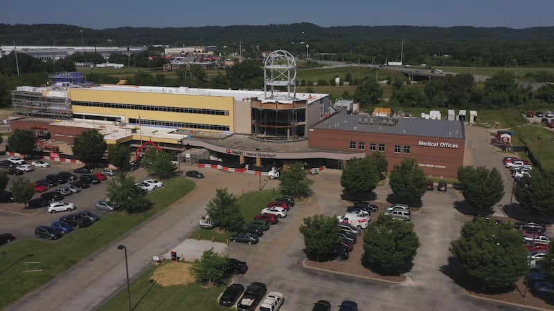 A July 2023 aerial view of the campus of UofL Health Medical Center south in northern Bullitt...